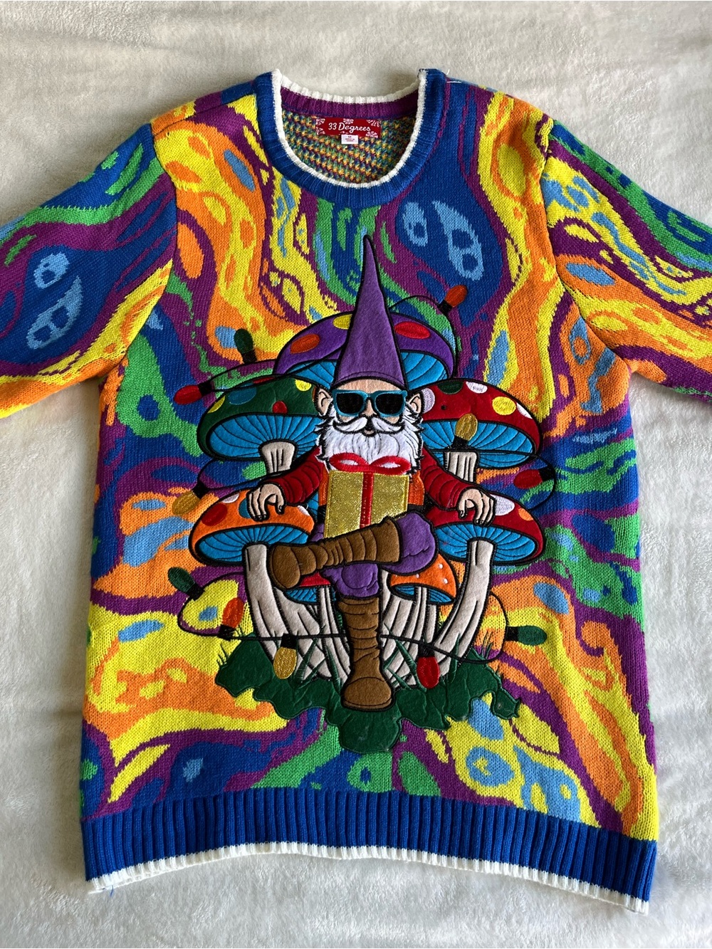 33 Degrees Multicolor Psychedelic Holiday Christmas Gnome Mushroom Sweater